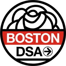 A circle, with the top half containing a rose, and the bottom half containing the words Boston DSA.