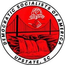 image of bridge over waterfall with the text Democratic Socialists of America, Upstate, SC
