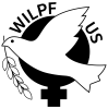 Symbol for women with a white dove overlaid on top and the words WILPF US