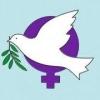 white dove with olive branch; purple women's symbol in background