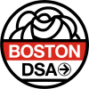 A circle, with the top half containing a rose, and the bottom half containing the words Boston DSA.