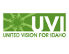 hands joining together on green background and the initials UVI for United Vision for Idaho